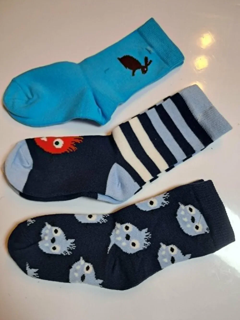 3 Pair Kids Blue Navy Crew Socks Animal Monster Stripe